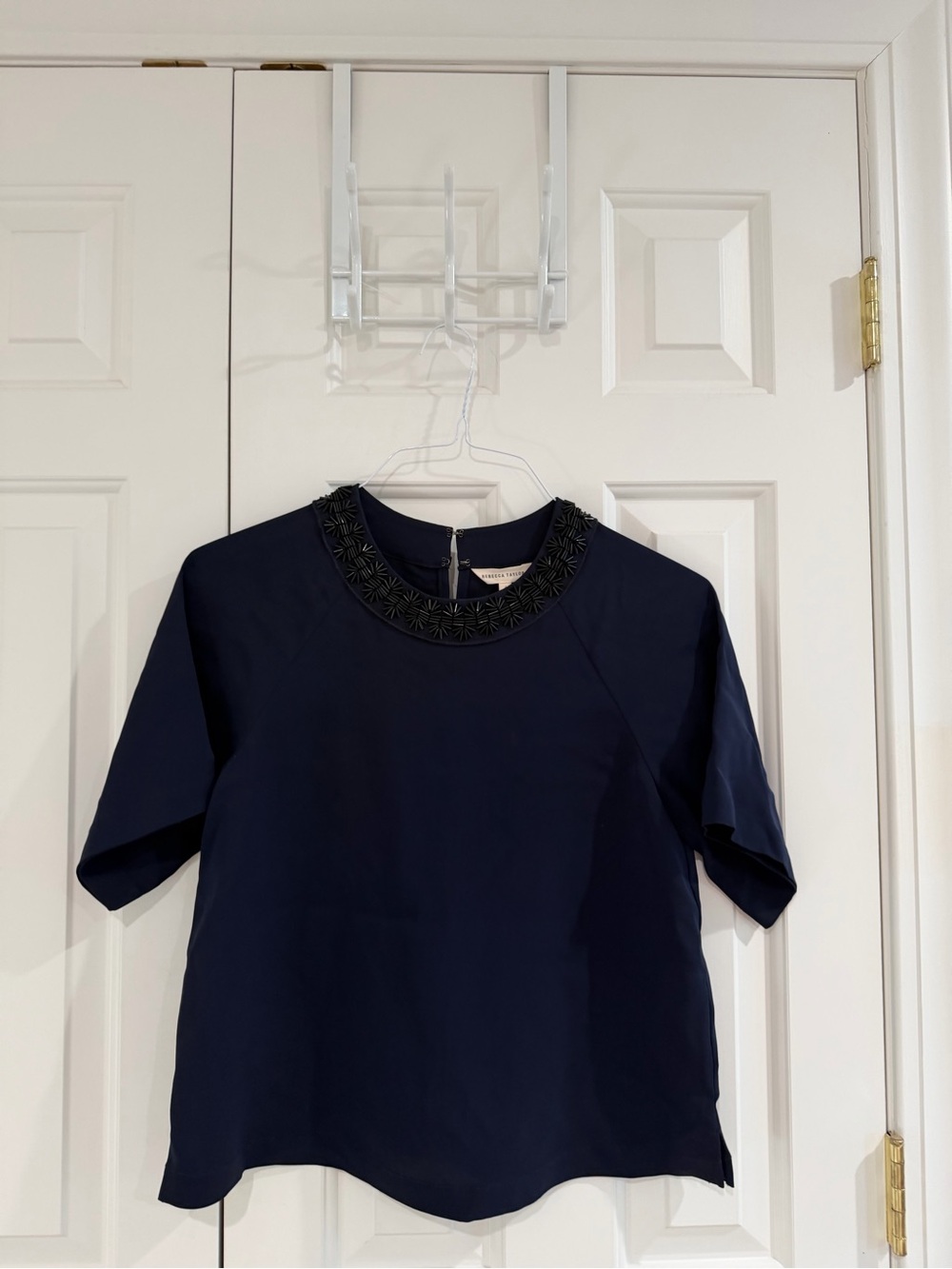Rebecca Taylor Navy Beaded Neck Short Sleeve Blouse Top Size 4